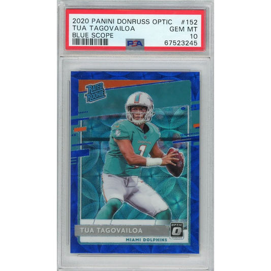 Graded 2020 Panini Donruss Optic Tua Tagovailoa #152 Blue Scope Rookie RC Football Card PSA 10 Gem Mint | Hall of Fame Sports Memorabilia | vintageantiquesgifts.com