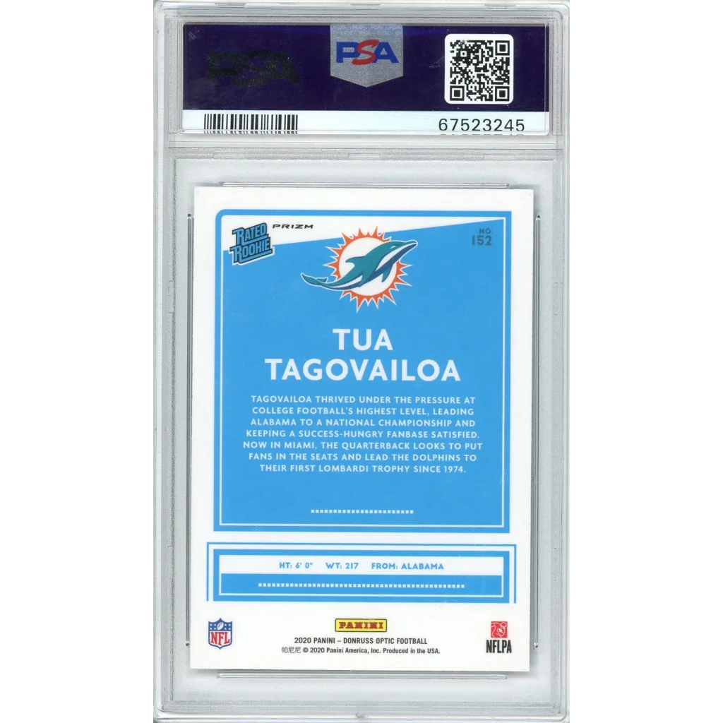 Graded 2020 Panini Donruss Optic Tua Tagovailoa #152 Blue Scope Rookie RC Football Card PSA 10 Gem Mint | PSA 10 Gem Mint Graded Rookie Card | vintageantiquesgifts.com
