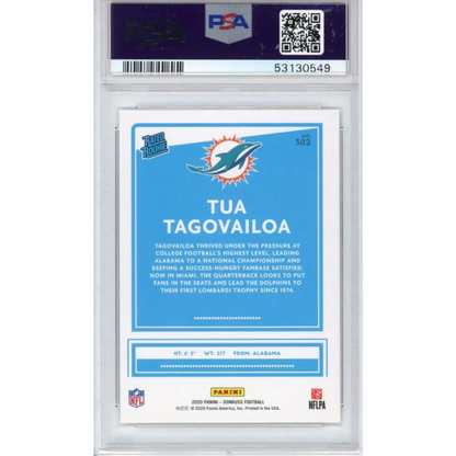 A graded PSA 10 Tua Tagovailoa 2020 Panini Donruss rookie football card
