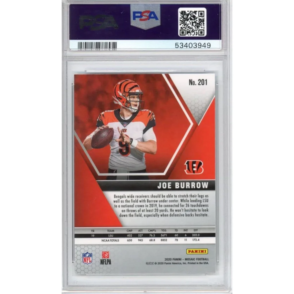 Graded 2020 Panini Mosaic Joe Burrow #201 Rookie RC Football Card PSA 10 Gem Mint | PSA 10 Gem Mint Graded Rookie Card | vintageantiquesgifts.com
