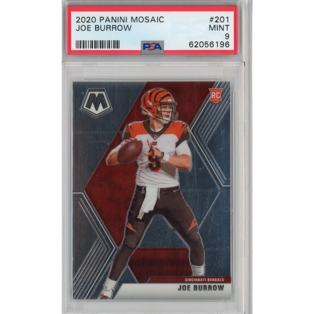 Graded 2020 Panini Mosaic Joe Burrow Rookie Card in PSA case for collectors