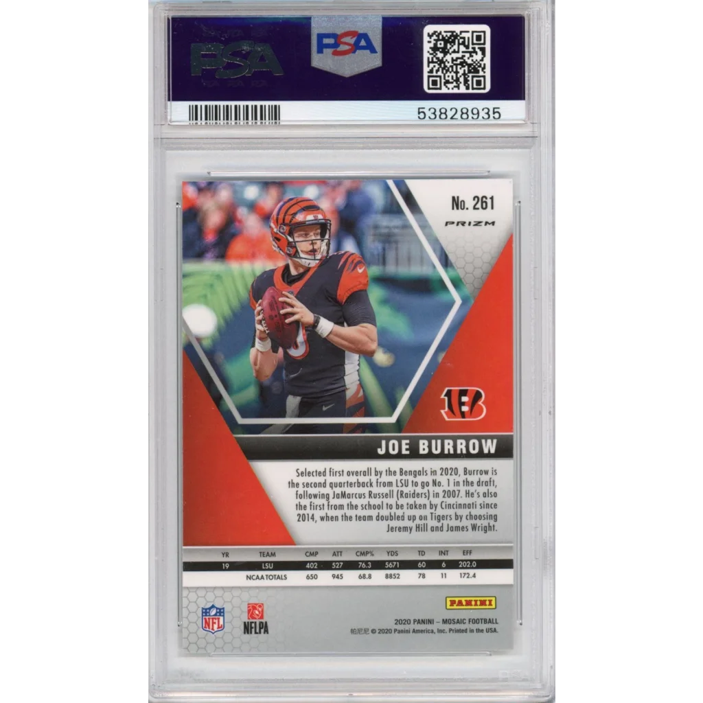 Graded Joe Burrow 2020 Panini Mosaic Rookie Card in PSA holder, perfect for collectors