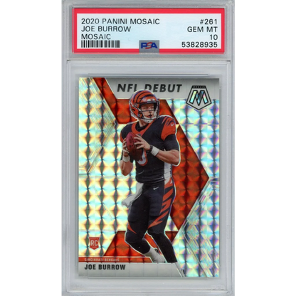 PSA graded 2020 Panini Mosaic Joe Burrow rookie football card in good condition
