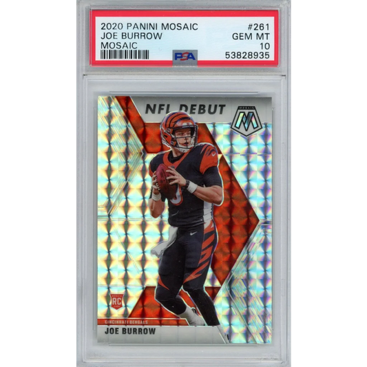 PSA graded 2020 Panini Mosaic Joe Burrow rookie football card in good condition