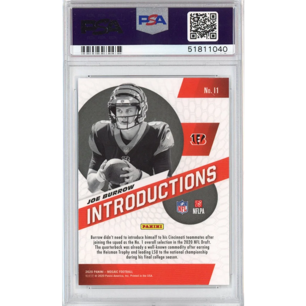 PSA graded Joe Burrow 2020 Panini Mosaic Rookie Football Card in display case