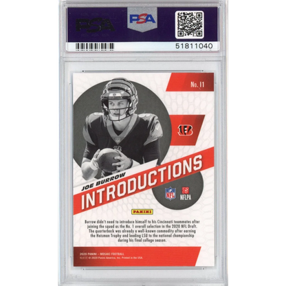 PSA graded Joe Burrow 2020 Panini Mosaic Rookie Football Card in display case