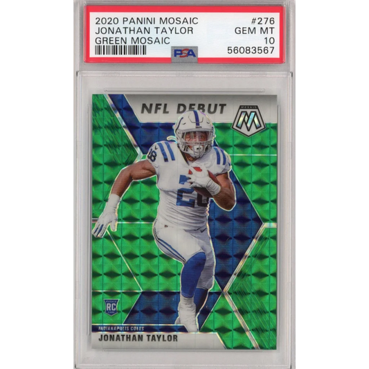 PSA graded 2020 Panini Mosaic Jonathan Taylor Green Rookie Card on display