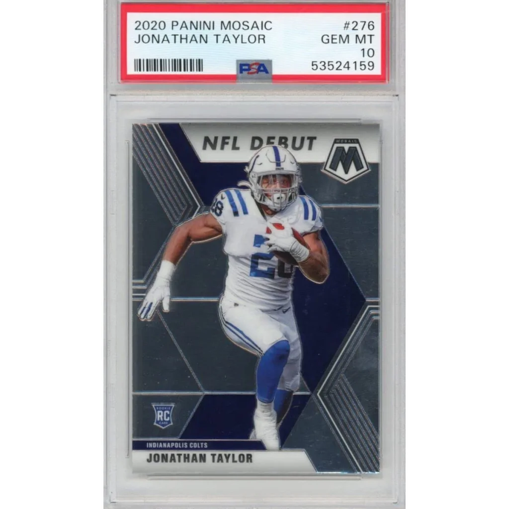 PSA graded Jonathan Taylor 2020 Panini Mosaic rookie card, authentic sports authenticator