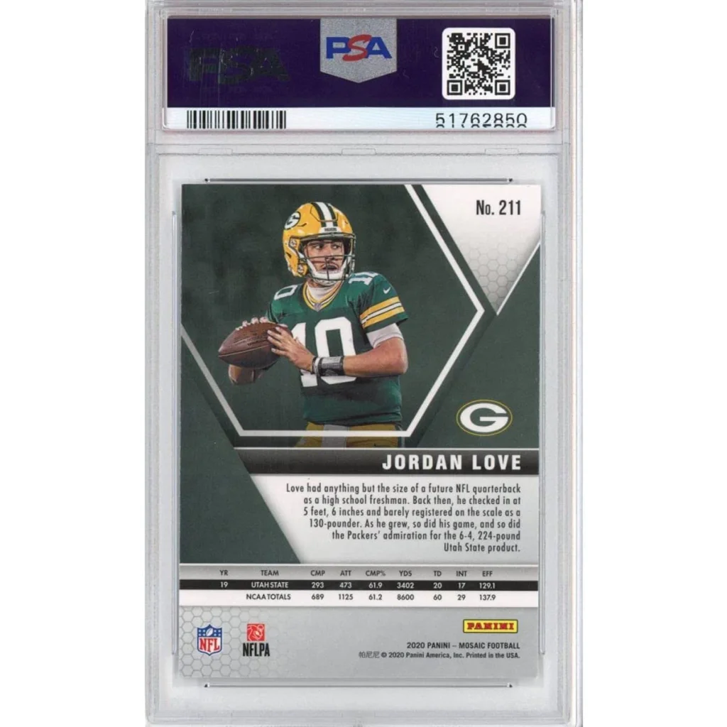 Graded Jordan Love 2020 Panini Mosaic Rookie Card football trading card on display