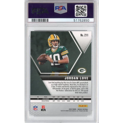 Graded Jordan Love 2020 Panini Mosaic Rookie Card football trading card on display