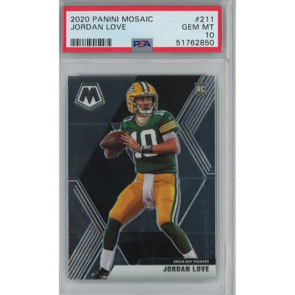 A graded 2020 Panini Mosaic Jordan Love rookie card in PSA case