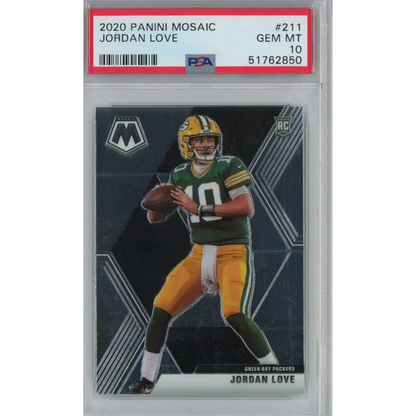 A graded 2020 Panini Mosaic Jordan Love rookie card in PSA case
