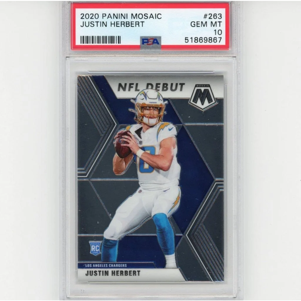 A graded 2020 Panini Mosaic Justin Herbert NFL Debut rookie card by professional sports authenticator
