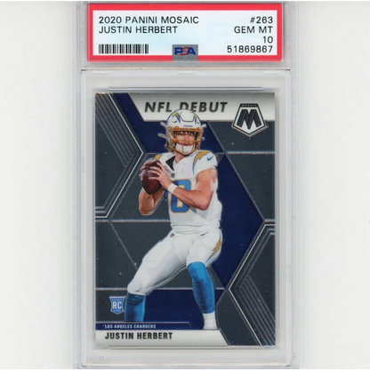 A graded 2020 Panini Mosaic Justin Herbert NFL Debut rookie card by professional sports authenticator