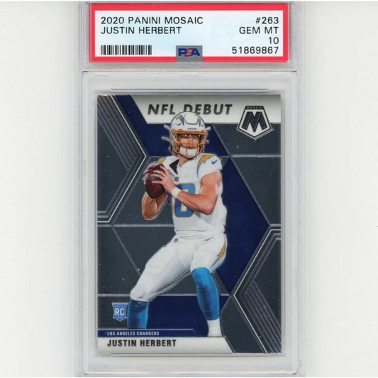 A graded 2020 Panini Mosaic Justin Herbert NFL Debut rookie card by professional sports authenticator