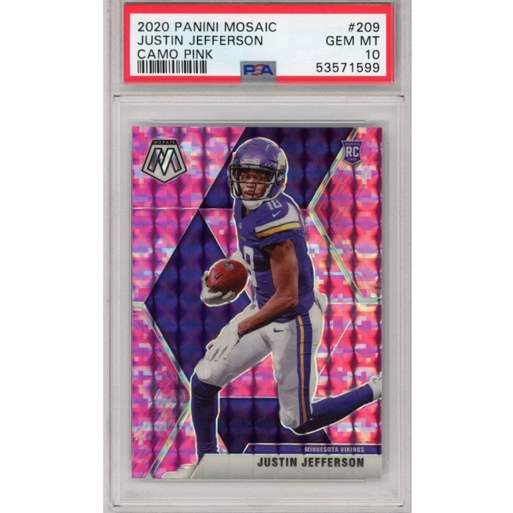A graded 2020 Panini Mosaic Justin Jefferson Camo Pink football card in PSA holder