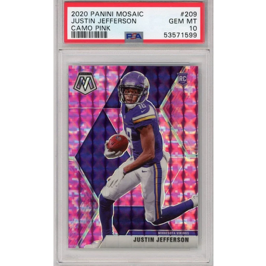 A graded 2020 Panini Mosaic Justin Jefferson Camo Pink football card in PSA holder