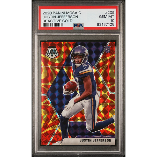 Graded 2020 Panini Mosaic Justin Jefferson #209 Reactive Gold Rookie RC Football Card PSA 10 Gem Mint | Hall of Fame Sports Memorabilia | vintageantiquesgifts.com
