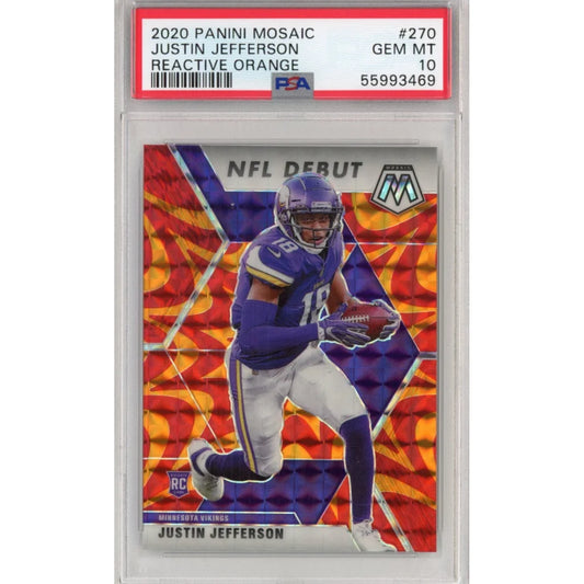 PSA Graded Justin Jefferson 2020 Panini Mosaic Reactive Orange NFL rookie card display