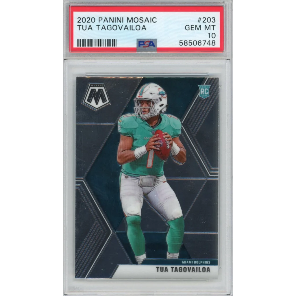 Graded 2020 Panini Mosaic Tua Tagovailoa #203 Rookie RC Football Card PSA 10 Gem Mint | Hall of Fame Sports Memorabilia | vintageantiquesgifts.com