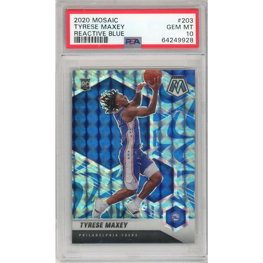 Graded 2020 Panini Mosaic Tyrese Maxey #203 Reactive Blue Rookie RC Basketball Card PSA 10 Gem Mint | Hall of Fame Sports Memorabilia | vintageantiquesgifts.com