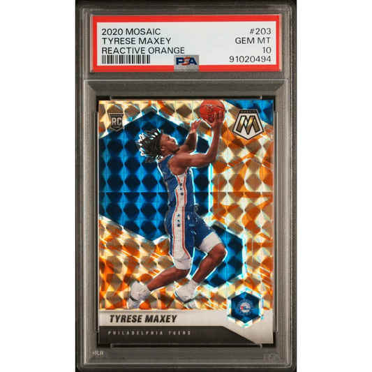 A graded 2020 Mosaic Tyrese Maxey Reactive Orange basketball card in PSA case