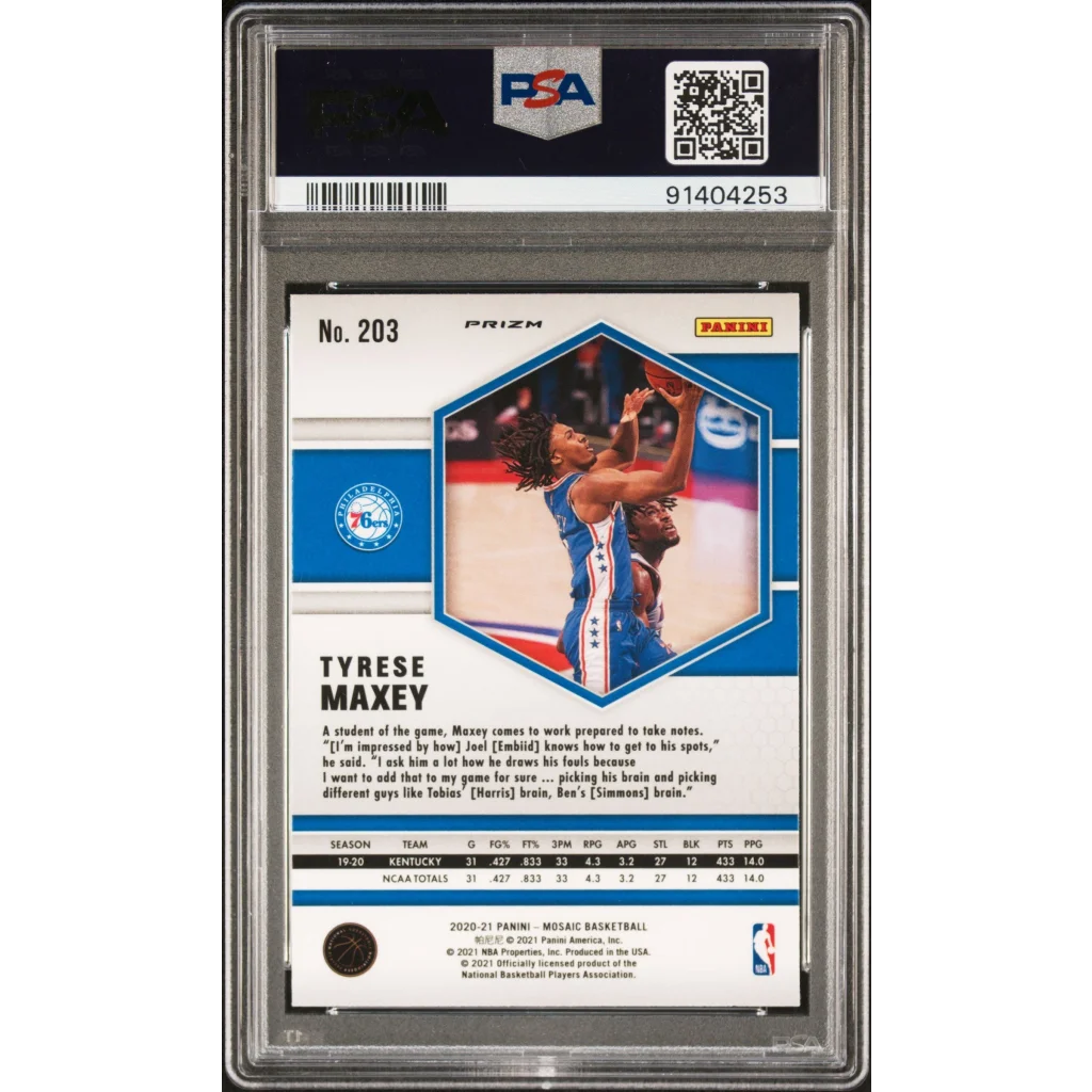 Graded 2020 Panini Mosaic Tyrese Maxey #203 Red Wave Rookie RC Basketball Card PSA 10 Gem Mint | PSA 10 Gem Mint Graded Rookie Card | vintageantiquesgifts.com