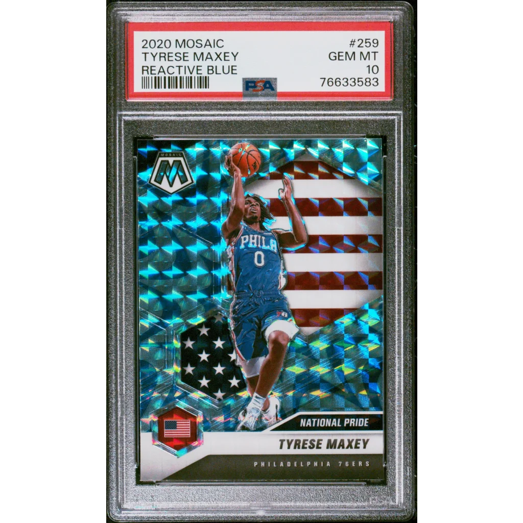 PSA graded Tyrese Maxey 2020 Mosaic Reactive Blue basketball card for collectors