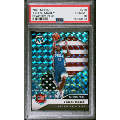 PSA graded Tyrese Maxey 2020 Mosaic Reactive Blue basketball card for collectors
