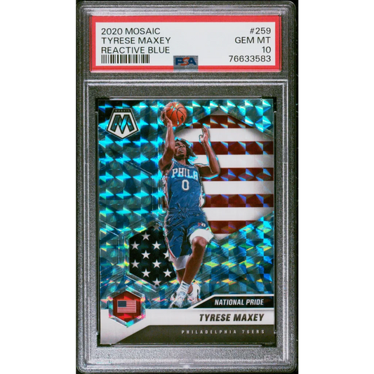 PSA graded Tyrese Maxey 2020 Mosaic Reactive Blue basketball card for collectors