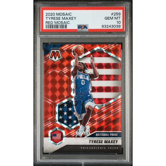 PSA graded Tyrese Maxey Red Mosaic rookie card from professional sports authenticator