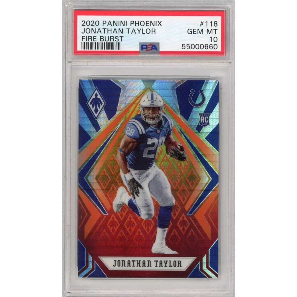 Graded 2020 Panini Phoenix Jonathan Taylor #118 Fire Burst Rookie RC Football Card PSA 10 Gem Mint | Hall of Fame Sports Memorabilia | vintageantiquesgifts.com
