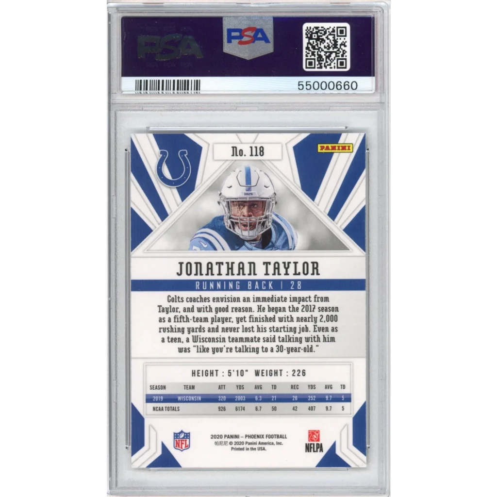 Graded 2020 Panini Phoenix Jonathan Taylor #118 Fire Burst Rookie RC Football Card PSA 10 Gem Mint | PSA 10 Gem Mint Graded Rookie Card | vintageantiquesgifts.com