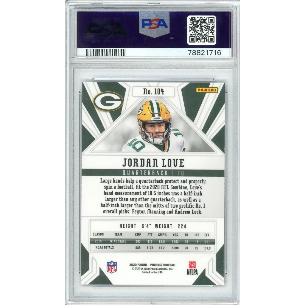 Graded 2020 Panini Phoenix Jordan Love #104 Fire Burst Rookie RC Football Card PSA 10 Gem Mint | PSA 10 Gem Mint Graded Rookie Card | vintageantiquesgifts.com