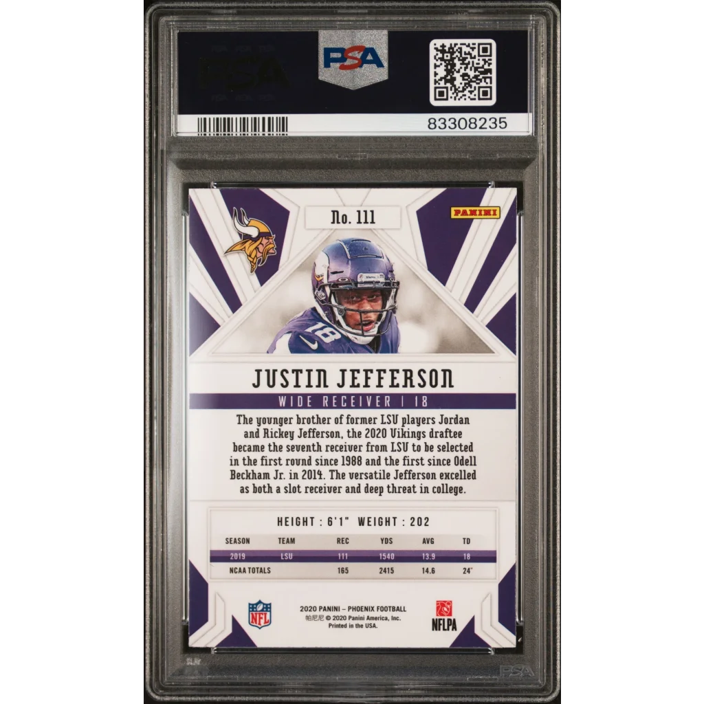 Graded 2020 Panini Phoenix Justin Jefferson #111 Fire Burst Rookie RC Football Card PSA 10 Gem Mint | PSA 10 Gem Mint Graded Rookie Card | vintageantiquesgifts.com