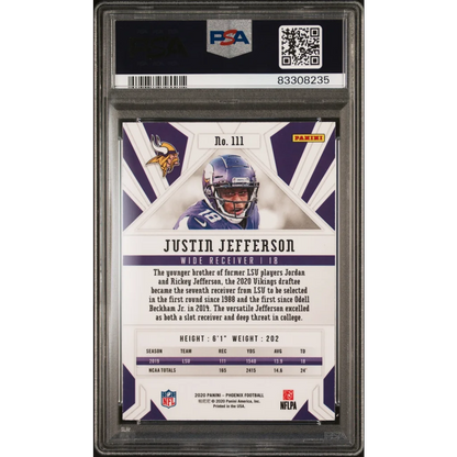 Graded 2020 Panini Phoenix Justin Jefferson #111 Fire Burst Rookie RC Football Card PSA 10 Gem Mint | PSA 10 Gem Mint Graded Rookie Card | vintageantiquesgifts.com