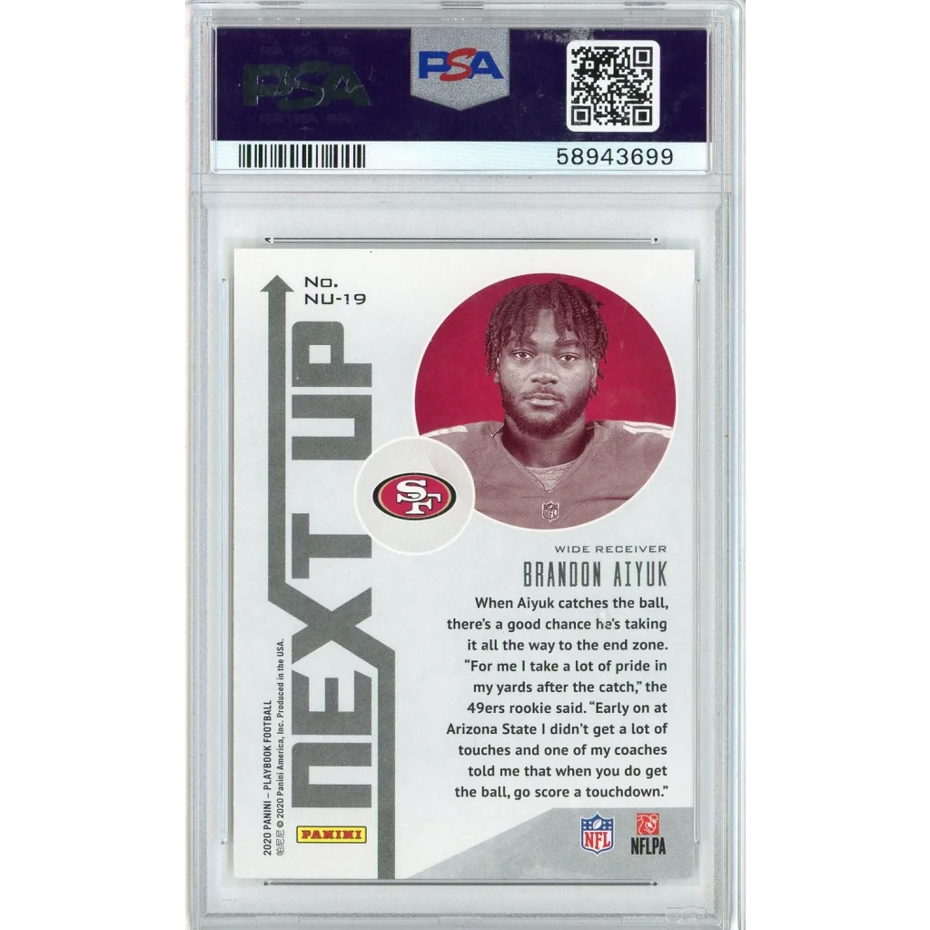 PSA graded Brandon Aiyuk 2020 Panini Playbook Rookie Card, authentic sports card by professional sports authenticator