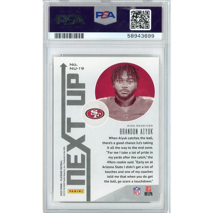 PSA graded Brandon Aiyuk 2020 Panini Playbook Rookie Card, authentic sports card by professional sports authenticator