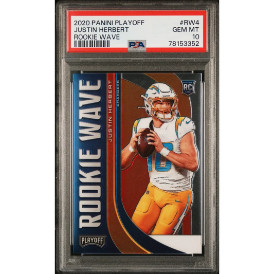 Graded 2020 Panini Playoff Justin Herbert #RW4 Rookie Wave Rookie RC Football Card PSA 10 Gem Mint