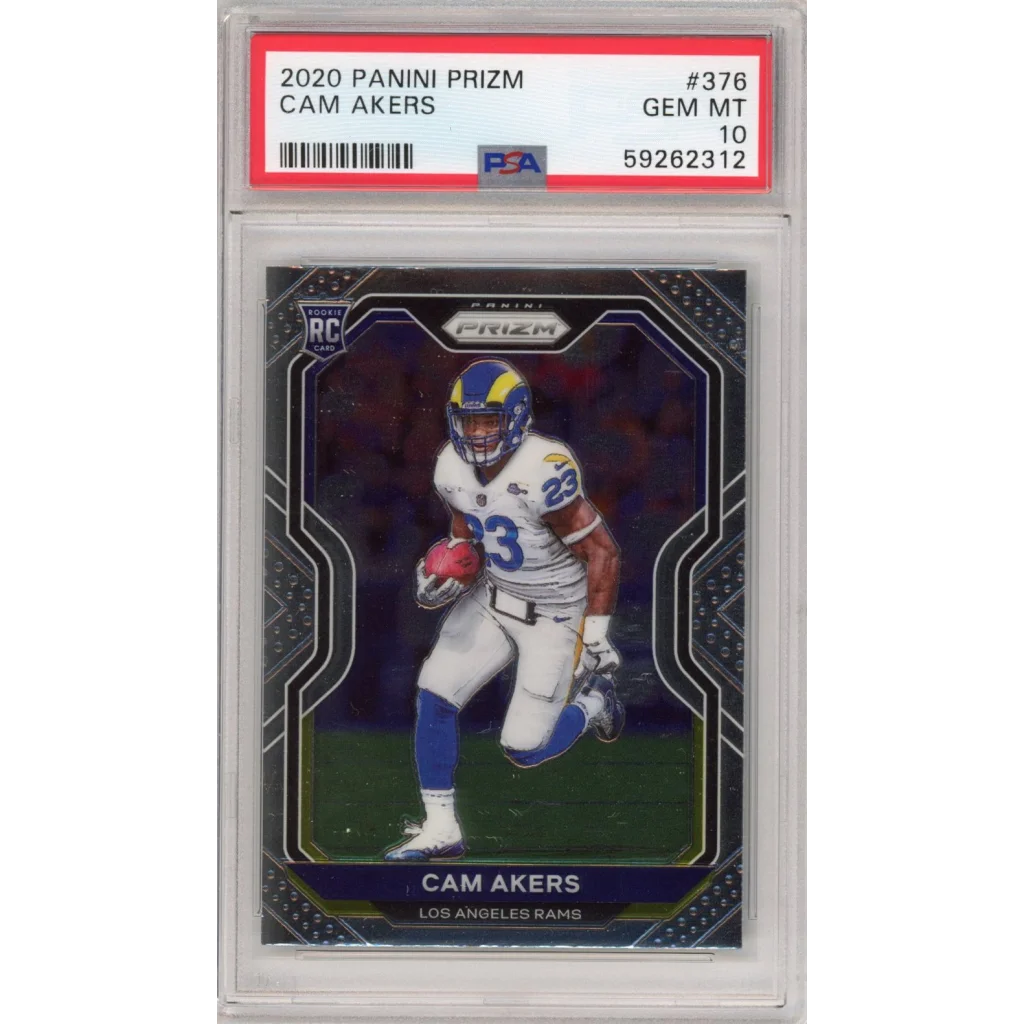 A graded 2020 Panini Prizm Cam Akers football rookie card in PSA case