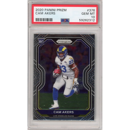 A graded 2020 Panini Prizm Cam Akers football rookie card in PSA case