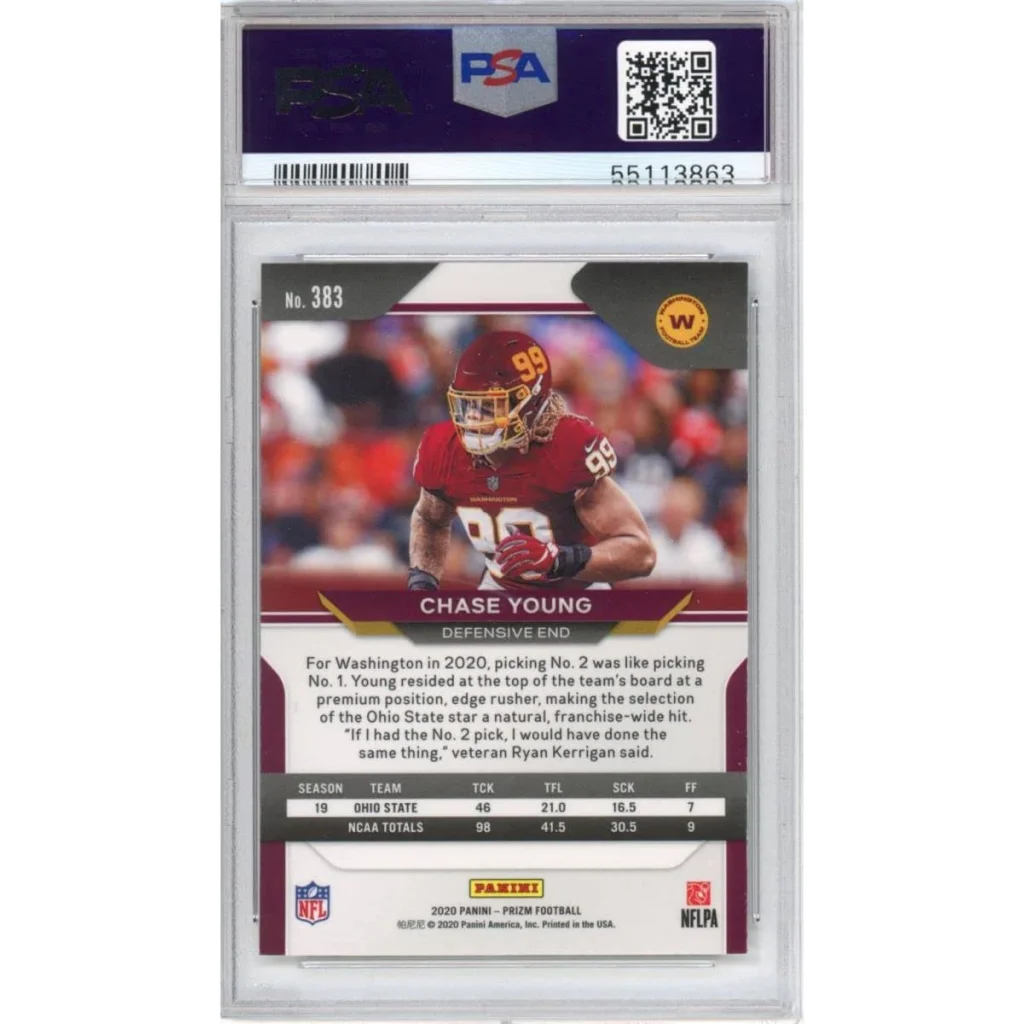 A graded PSA Gem Mint 10 Chase Young 2020 Panini Prizm Rookie Card football trading card