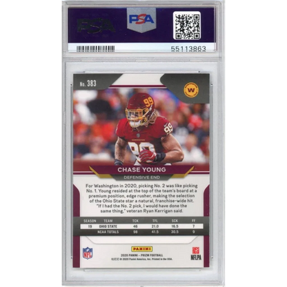 A graded PSA Gem Mint 10 Chase Young 2020 Panini Prizm Rookie Card football trading card