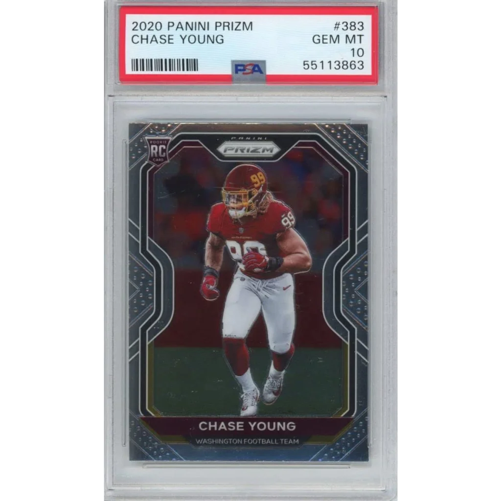 A graded Gem Mint 10 Chase Young 2020 Panini Prizm Rookie Card football card