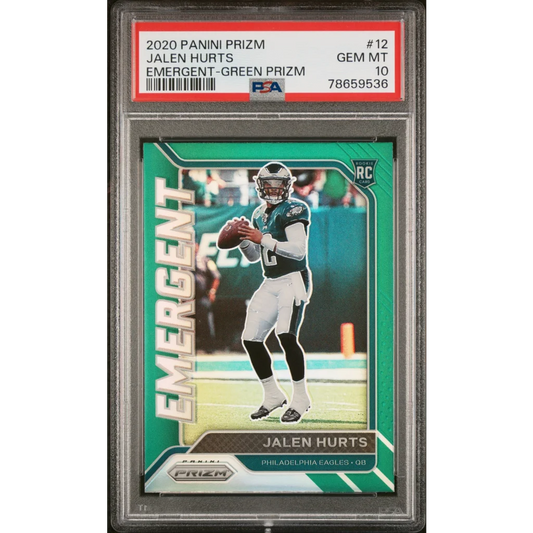 Graded 2020 Panini Prizm Jalen Hurts Emergent Green Prizm Rookie Card PSA 10