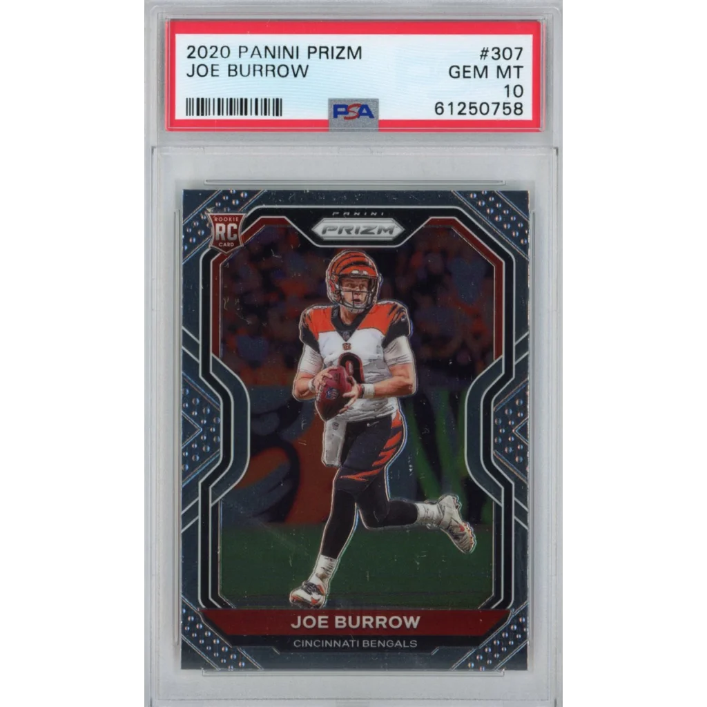 PSA graded 2020 Panini Prizm Joe Burrow rookie football card on display