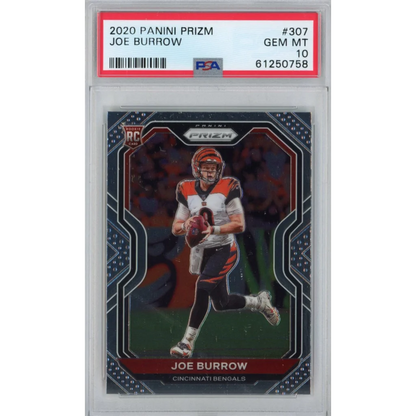 PSA graded 2020 Panini Prizm Joe Burrow rookie football card on display