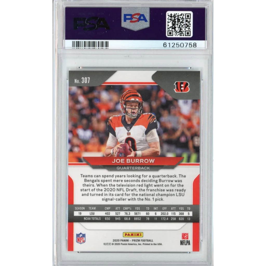PSA graded Joe Burrow 2020 Panini Prizm rookie football card on display
