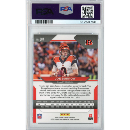 PSA graded Joe Burrow 2020 Panini Prizm rookie football card on display