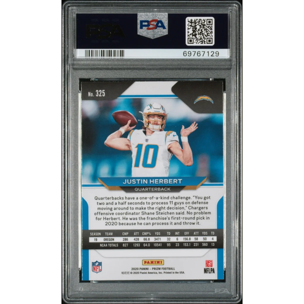 Graded 2020 Panini Prizm Justin Herbert #325 Rookie RC Football Card PSA 10 Gem Mint | PSA 10 Gem Mint Graded Rookie Card | vintageantiquesgifts.com